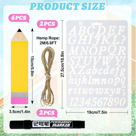 Product image showing 11 Piece Pencil Name Plates Set For Back To School Blank Wood Desk Signs With Markers And Letter Template DIY Classroom Name Tags Pencil Shaped Desk Plaques For Teachers, includes pencil sign, rope, marker, and stencil template with alphabet.