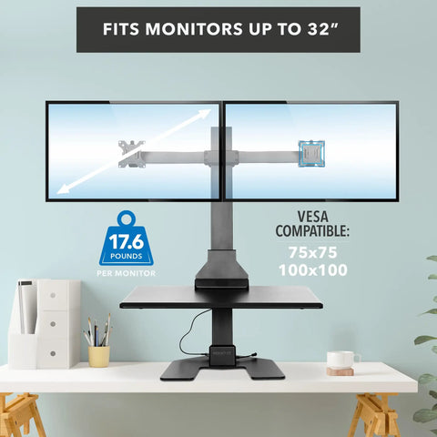 Electric Dual Monitor Sit Stand Desk Converter With 28 Inch Base Height Adjustable Desktop Riser And Two Monitor Mounts For Screens Up To 32 Inches A Simple Ergonomic Upgrade And Game Changer For Your Home Office School And Office, showing dual screens on a desk.