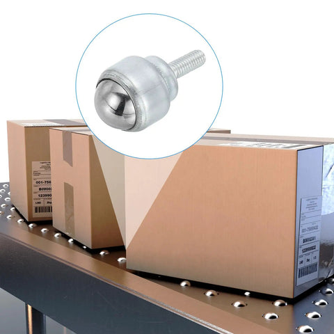 Four Pack Heavy Duty 3/4 Inch Roller Ball Transfer Bearings on conveyor, durable carbon steel, premium quality design.