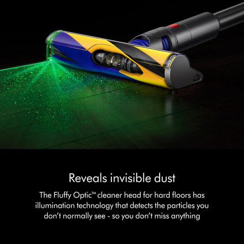 Close-up of V15 Detect Plus Cordless Vacuum With Illumination Revealing Dust on hard floor, showcasing illuminated dust detection.