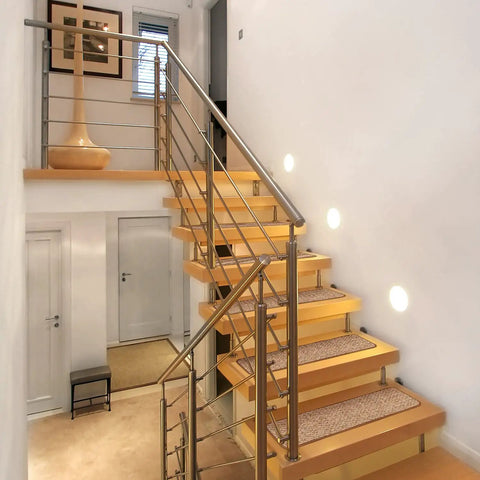 Set Of 15 Skid Resistant Carpet Stair Treads Praline Brown 8 Inch By 30 Inch Non Slip Step Covers installed on wooden stairs