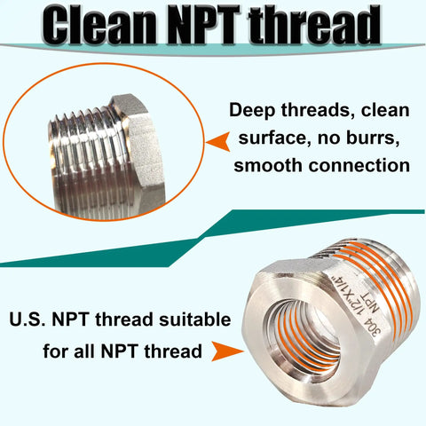 Beefy Three Quarter Inch MNPT To One Half Inch FNPT Stainless Steel Hex Bushing Reducer Adapter Pipe Fitting 304 Stainless Heavy Duty Reducing Coupler For Plumbing And Industrial Use close-up of deep threads and hex body