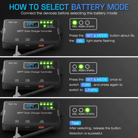 Illustration showing how to select battery mode on MPPT Solar Charge Controller 12V 10A With LCD Display Type C And USB Ports Real Time Maximum Power Point Tracking Compatible With LiFePO4 Lithium Gel AGM Batteries Ideal For RVs Boats Off Grid Power Systems And Marine Setups