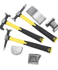 7 Piece Auto Body Repair Kit with Carbon Steel Hammers and Dollies, Heavy Duty Dent Repair Tools, shown with hammers and dollies