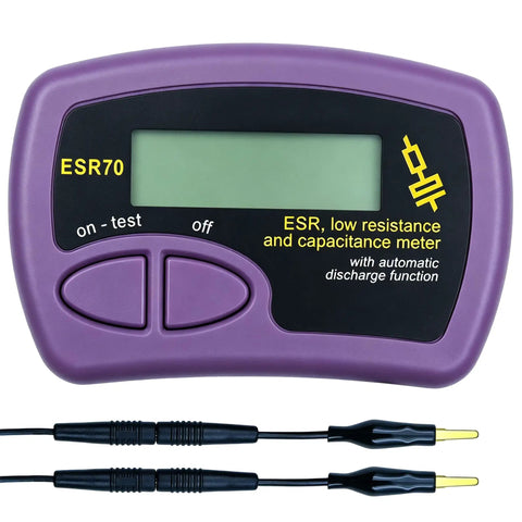 Dual-Parameter Capacitor Analyzer For ESR Testing With Internal And External Modes, Pro-Grade Gear That Works With ESR70 Capacitance Tester, Measures 0.3 uF To 90,000 uF For Electrolytic And Film Caps, Perfect For Electronic Maintenance, Quality Checks, purple ESR70 handheld analyzer with test leads