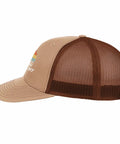 Cool Women Trucker Cap For Girls Distressed Washed Low Profile Baseball Hat with mesh back, beige front, and side view