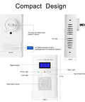 Two Pack Plug In Gas And Carbon Monoxide Detector Set With Digital Display And 85dB Alarm, Detects Natural Gas, Propane, Methane, 9V Battery Backup, No Fuss Install For Home, Apartment Or RV, showing front and side views with features labeled.