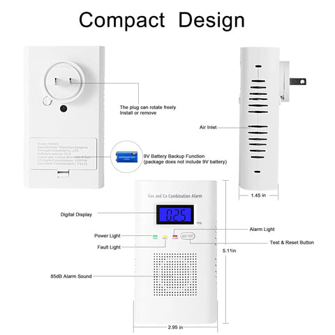 Two Pack Plug In Gas And Carbon Monoxide Detector Set With Digital Display And 85dB Alarm, Detects Natural Gas, Propane, Methane, 9V Battery Backup, No Fuss Install For Home, Apartment Or RV, showing front and side views with features labeled.