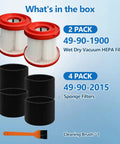2 Pack 49-90-1900 Wet Dry Vacuum HEPA Filter Replacement For M18 Fuel Cordless Vacuums 0880-20 0780-20 shown with foam sleeves and brush
