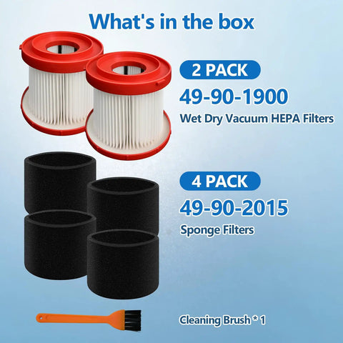 2 Pack 49-90-1900 Wet Dry Vacuum HEPA Filter Replacement For M18 Fuel Cordless Vacuums 0880-20 0780-20 shown with foam sleeves and brush