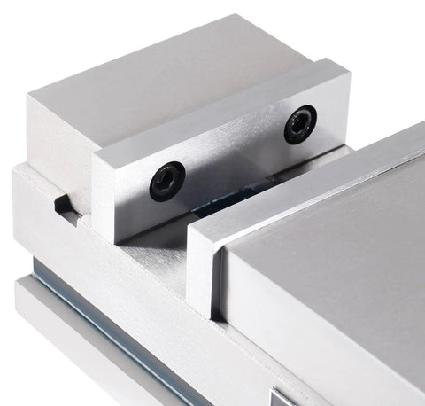 Precision 3 Inch Super Lock CNC Machine Vise jaws with bolts, showcasing durable metal construction for tight clamping and stability.