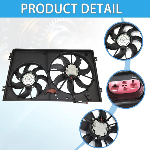 Hella Reliable Slick Original Quality Radiator Cooling Fan Assembly Compatible With 2010 To 2017 Volkswagen Jetta Golf Beetle And Rabbit top view with dual fans and connectors.