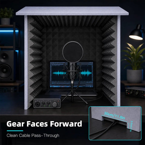 Portable Vocal Booth With Foldable Soundproof Isolation Shield Grab And Go Compact Fold Out Quick Setup Lightweight No Hassle Recording Barrier For Home Studio Creators On A Budget with microphone and monitor.