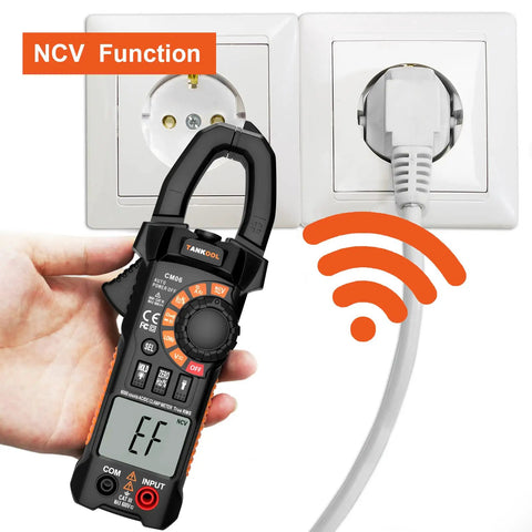 True RMS 6000 Counts Digital Clamp Meter Multimeter Auto Ranging Pro Grade Amp Meter Built In HD Screen demonstrating NCV function