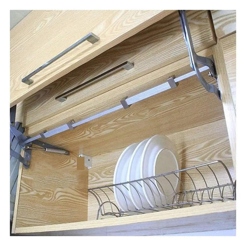 Cabinet Door Lift Assist Strut With Dual 250N Hydraulic Gas Springs For Smooth Vertical Swing Opening, open cabinet with plates