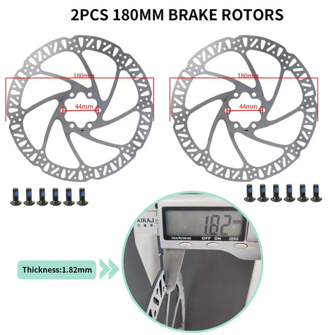 Two 180mm hydraulic brake rotors; front view with mounting bolts, thickness 1.82mm.