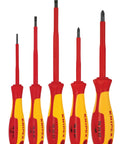 8 Piece 1000V Insulated Screwdriver Set With Slotted Sizes Three Thirty Second, Five Thirty Second, Seven Thirty Second And P1 Three And One Quarter Inch, P2 Four Inch Drivers For Electrical Work displayed upright with red and yellow handles
