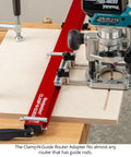 No Sweat Precision Rail And Clamp For Circular Saw And Router With Dual Fence Guide Made In Usa on a workshop table with a router.