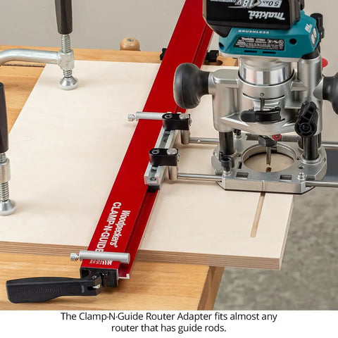 No Sweat Precision Rail And Clamp For Circular Saw And Router With Dual Fence Guide Made In Usa on a workshop table with a router.