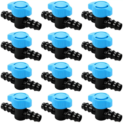 12 Pack Half Inch Drip Irrigation Shut Off Valves Inline Ball Valve For One Half Inch Tubing with Blue Handles and Barbed Connectors