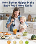Mother using Powerful 1000W 5 In 1 Corded Immersion Hand Blender With 12 Speeds to prepare baby food in a kitchen.