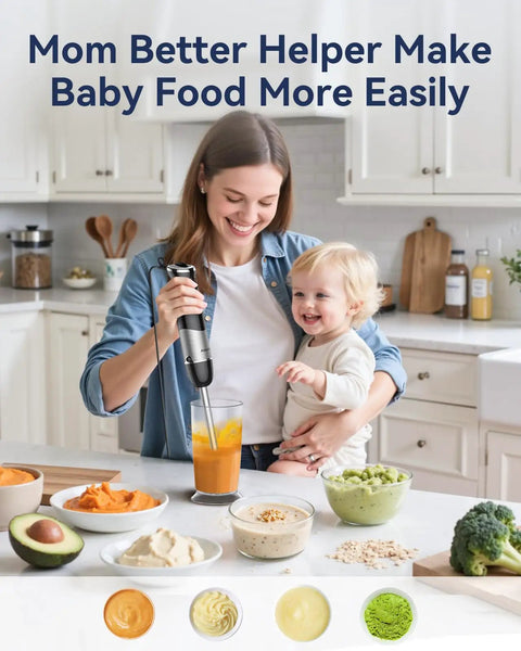Mother using Powerful 1000W 5 In 1 Corded Immersion Hand Blender With 12 Speeds to prepare baby food in a kitchen.