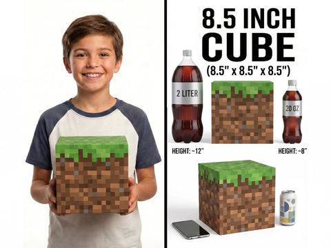 Fire Pixel Art Party Favor Boxes 8 Pack Grass Cubes Containers Sturdy Cardboard Treat Holders For Epic Birthday Bash And Legit Squad Game Night Essentials Today with a smiling boy holding a pixel art cube.