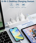 6 In 1 USB C Power Strip with 3 AC Outlets, 2 USB C Ports, 1 USB A Port charging devices on desk with 5ft flat extension cord