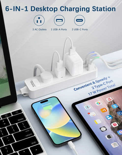 6 In 1 USB C Power Strip with 3 AC Outlets, 2 USB C Ports, 1 USB A Port charging devices on desk with 5ft flat extension cord