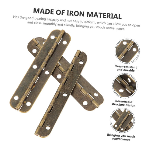 Heavy duty piano hinge set in antique finish, ideal for cabinets and furniture. Made of durable iron, pre-drilled for easy installation.