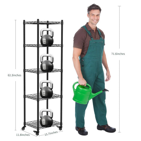 Indoor Grow Light Cabinet For Seed Starting With 40W Full Spectrum Lamps, 5 Tier Greenhouse Shelf next to gardener with watering can.