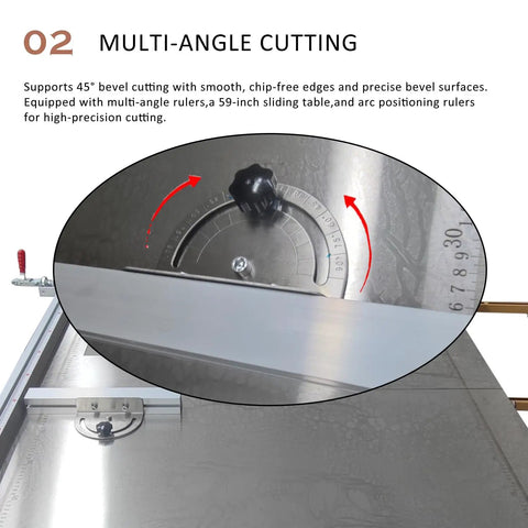 Multi-angle cutting feature of Heavy Duty 220 Volt Table Saw With Rugged Stand For Woodworking Crews showing precise bevel adjustments.