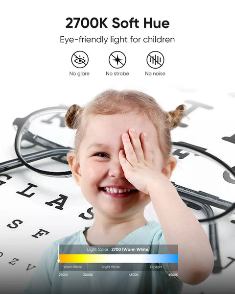 Child smiling with hand over eye, eyeglasses and eye chart in background, highlighting 2700K soft white light benefits.