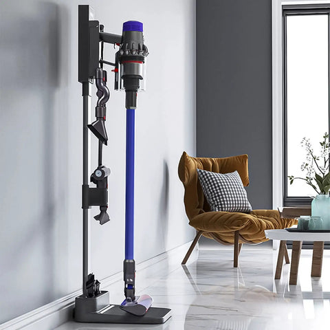 Dyson Vacuum Stand Wall Mount Docking Holder With 6 to 8 Accessory Storage Slots Heavy Duty Aluminum Bracket in living room