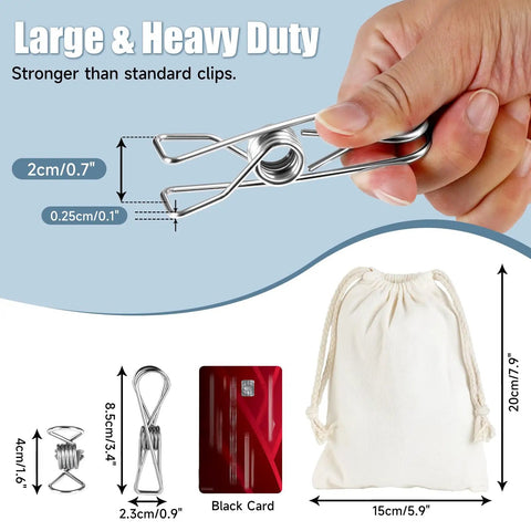 Built Like A Tank Heavy Duty Stainless Steel Clothes Pins 20 Pack shown in hand, measuring 3.4 inch, with bag and card for size reference.