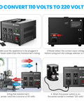Beefy 1000 Watt Voltage Converter Transformer For 110V And 220V Devices with usage instructions diagram on white background