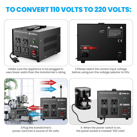 Beefy 1000 Watt Voltage Converter Transformer For 110V And 220V Devices with usage instructions diagram on white background
