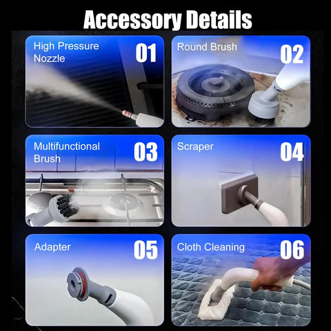 Accessory details for No Fuss Heavy Duty Handheld Steam Cleaner 10 In 1 including nozzles and brushes for versatile cleaning.