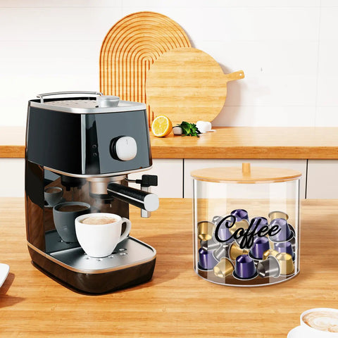 Large Capacity Coffee Pod Organizer With Bamboo Lid For Keurig Nespresso K Cups next to espresso machine on countertop