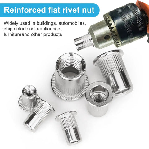 Top Shelf Heavy Duty 1/4 Inch 20 Thread Rivet Nuts, 100 Piece 304 Stainless Steel Flat Head Nutserts, Built Tough Corrosion Resistant Threaded Inserts For Garage And Mechanic Work in various sizes with drill.