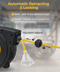 Heavy Duty Retractable Extension Cord Reel 50 Feet Long with rugged 14 AWG wiring, featuring adjustable auto-retract mechanism.
