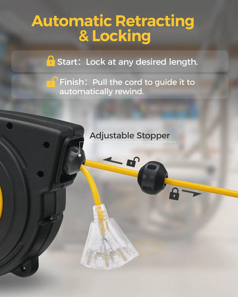 Heavy Duty Retractable Extension Cord Reel 50 Feet Long with rugged 14 AWG wiring, featuring adjustable auto-retract mechanism.