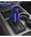 Cozy Hoodie Vibe Gear Shift Cover For Cars in blue knit, installed over shift knob, showing warm sleeve and stylish car interior.