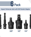 Universal Joint Socket Adapter Set For Drills And Impact Drivers, Six Piece, One Half Inch, One Quarter Inch, Three Eighths Inch Swivel Adapters, Chrome Molybdenum Steel Construction, Heavy Duty Durability, 6 pack