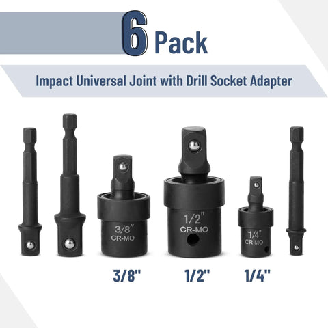 Universal Joint Socket Adapter Set For Drills And Impact Drivers, Six Piece, One Half Inch, One Quarter Inch, Three Eighths Inch Swivel Adapters, Chrome Molybdenum Steel Construction, Heavy Duty Durability, 6 pack