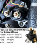 Close-up of 12V Starter Power Trim Solenoid for Mercury Mariner Outboard Motors, wiring visible, replaces several part numbers.