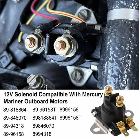 Close-up of 12V Starter Power Trim Solenoid for Mercury Mariner Outboard Motors, wiring visible, replaces several part numbers.