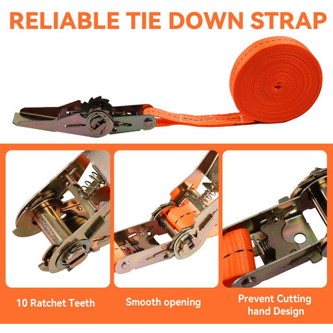 Heavy Duty Ratchet Tie Down Straps 1 Inch Wide By 20 Feet Long Orange Cargo Straps With 2200 Lbs Working Load Limit shown extended