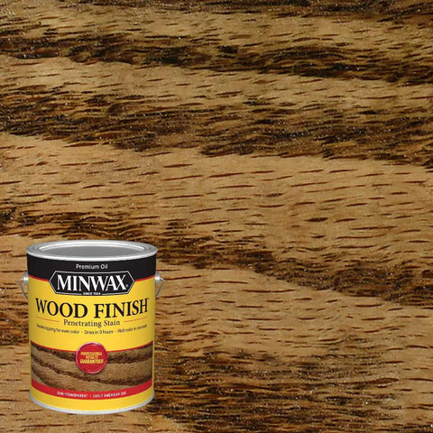 Premium Oil Based Wood Stain Early American Quick Drying Interior Cabinet Furniture Finish Gallon Size on wood background.