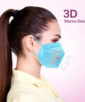 Side profile of woman wearing Disposable KN95 Face Mask Multicolor 5 Ply Breathable Respirator Protection Masks For Men And Women 25 Pack Blocks Over 95 Percent Of Particles For Daily Use And Comfort